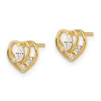 A pair of gold heart-shaped stud earrings, each featuring a marquise-cut clear stone in the center surrounded by smaller round stones, shown from the front.