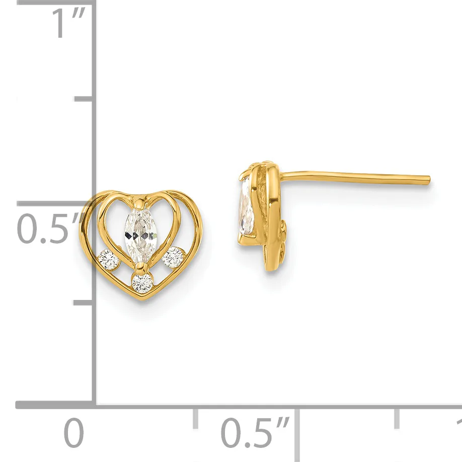 Gold heart stud earrings with marquise-cut center stones and round diamond accents, shown against a measurement scale.