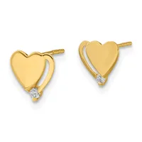 Pair of gold heart-shaped stud earrings with small diamond accents at the base and post backs, displayed side by side.