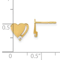 Gold heart-shaped stud earrings with small round gemstones, displayed next to a measurement scale showing approximately 0.5 inches in height.
