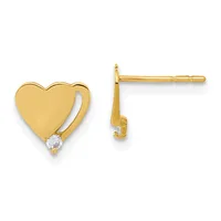 Pair of gold heart-shaped stud earrings with small round diamond accents, shown from front and side views.