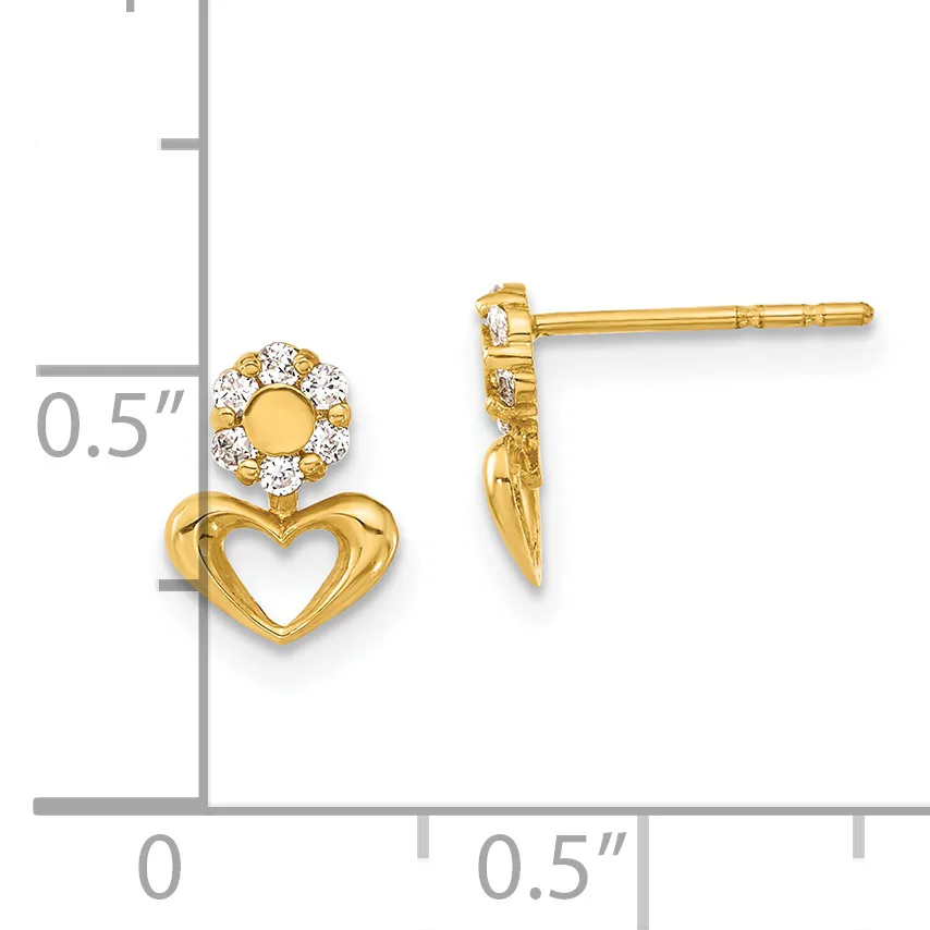 Gold heart stud earrings with diamond halos on top, shown front and side view with a measurement scale indicating 0.5 inch height.