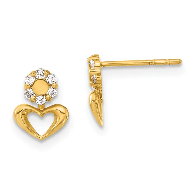 Gold heart drop earrings with circular diamond halos on posts, shown from front and side views.