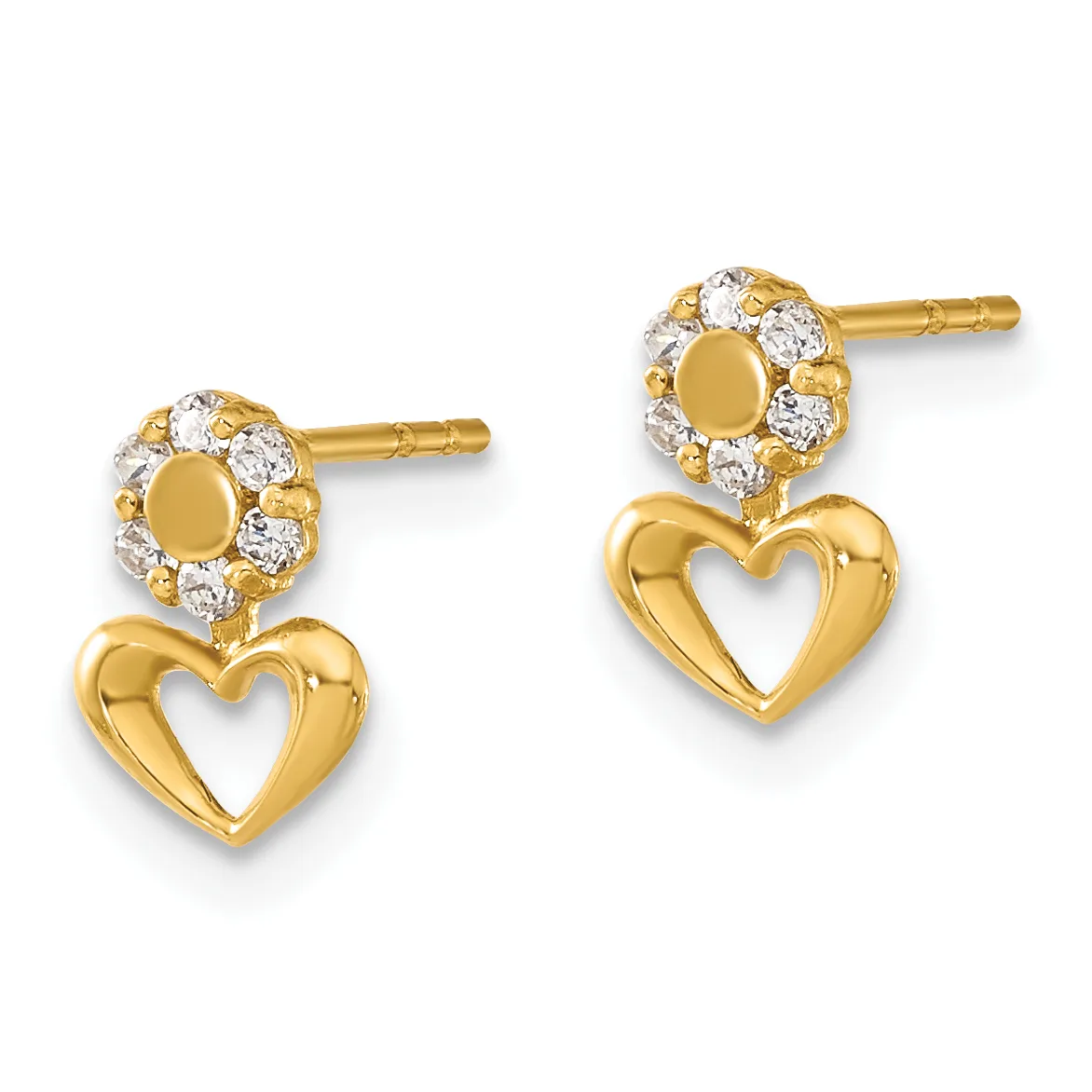 Pair of gold stud earrings with cubic zirconia flower tops and dangling polished heart charms below.