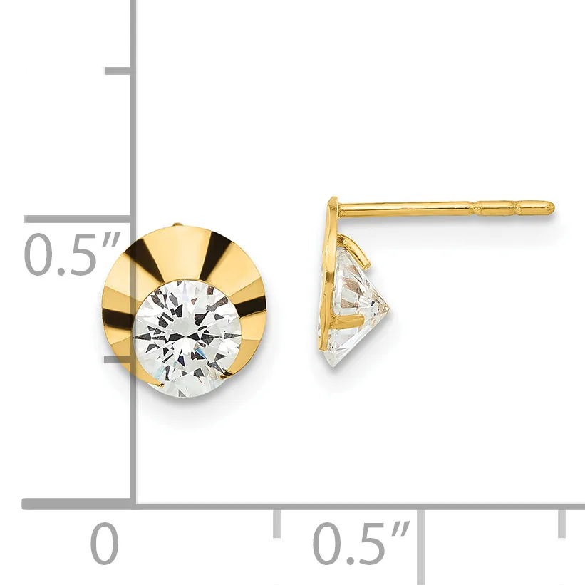 Pair of gold stud earrings with round white gemstones set in fluted gold bezels, shown from front and side views with a measurement scale indicating approximately half an inch in diameter.