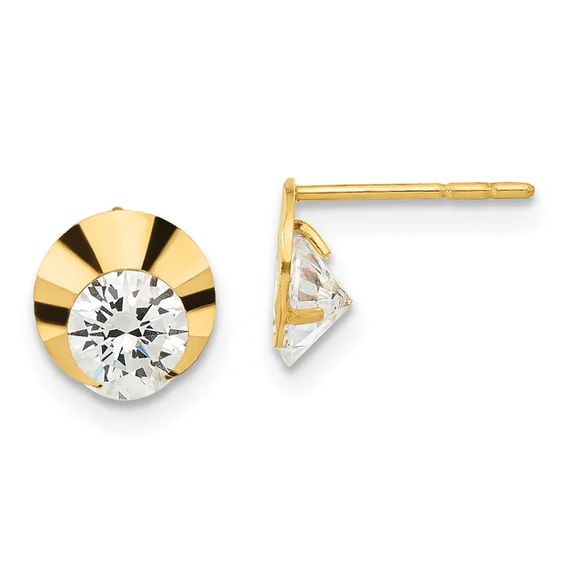 Pair of gold stud earrings with round clear gemstones set in half-bezel mounts, shown from front and side views.