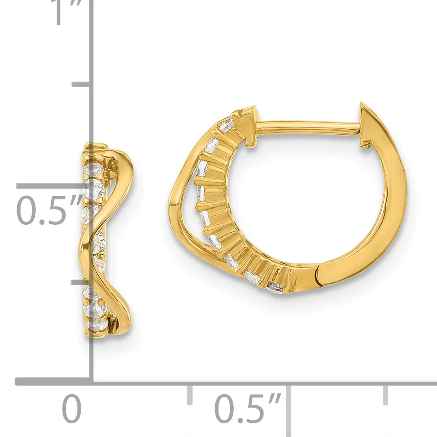 Gold hoop earrings with diamond accents and a twisted design, shown with measurements indicating approximately 0.5 inches in diameter.