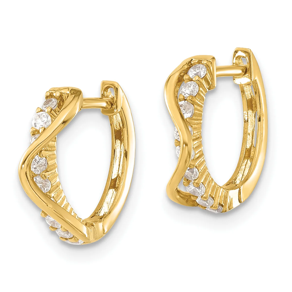 Pair of gold hoop earrings with a twisted design and round diamond accents set along the surface, shown from front and back views.