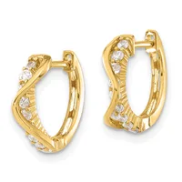 Pair of gold hoop earrings with a twisted design and round diamond accents set along the surface, shown from front and back views.