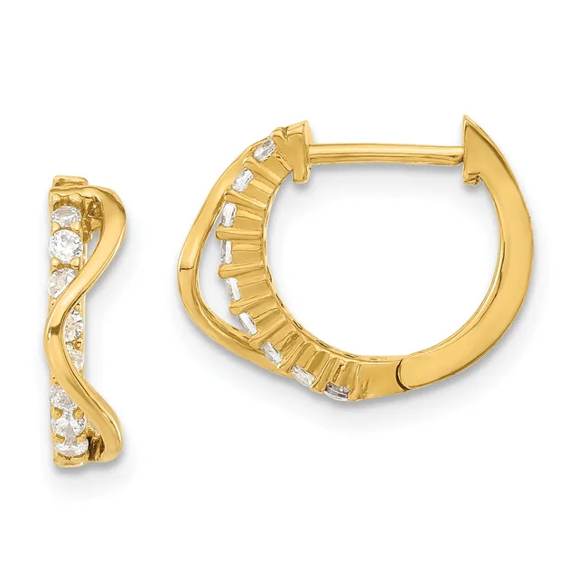 A pair of gold hoop earrings with hinged closures, decorated with small round diamonds set along the curved surfaces.