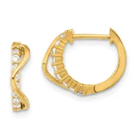 A pair of gold hoop earrings with hinged closures, decorated with small round diamonds set along the curved surfaces.