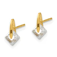 A pair of gold stud earrings with polished curved gold tops and square-cut clear crystal stones below, shown from the front.