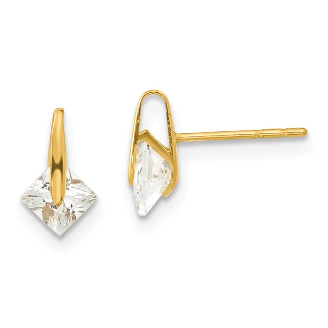 Pair of gold stud earrings with clear faceted crystal drop stones, shown from front and side views.