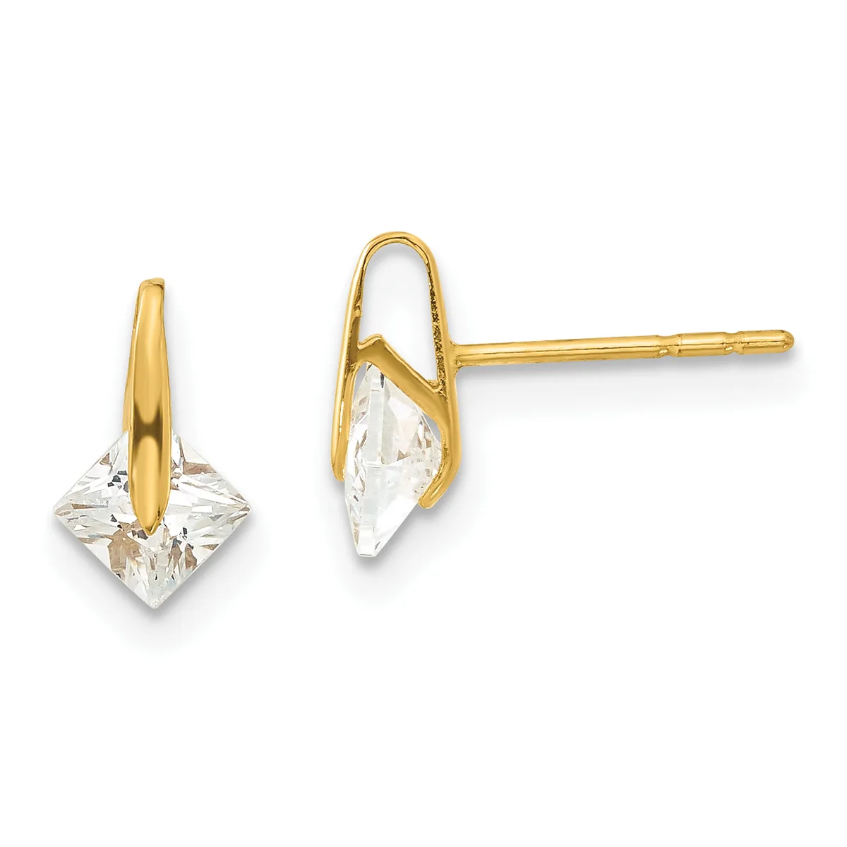 Pair of gold stud earrings with clear faceted crystal drop stones, shown from front and side views.