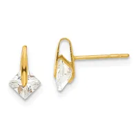 Pair of gold stud earrings with clear faceted crystal drop stones, shown from front and side views.