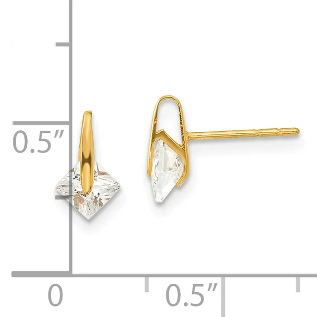 Pair of gold stud earrings with clear marquise-cut stones, shown at actual size with a measurement scale indicating approximately half an inch in length.