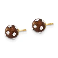 Pair of brown spherical stud earrings with white crystal embellishments and gold posts, shown from the front.