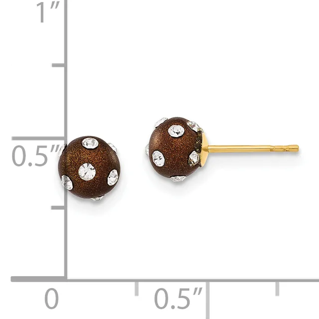 Two brown sphere stud earrings with white crystal accents, shown next to a ruler indicating approximately 0.5 inches in diameter.