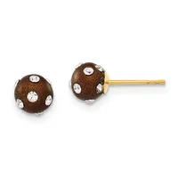 A pair of brown sparkly stud earrings with white crystal accents, displayed on a gold post against a white background.