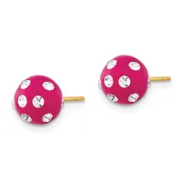 A pair of hot pink spherical stud earrings with clear crystal rhinestones set across the surface and gold-tone posts.