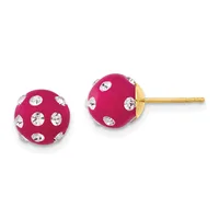 A pair of fuchsia pink spherical stud earrings with clear crystal rhinestones set around the surface and gold-tone posts and backs.
