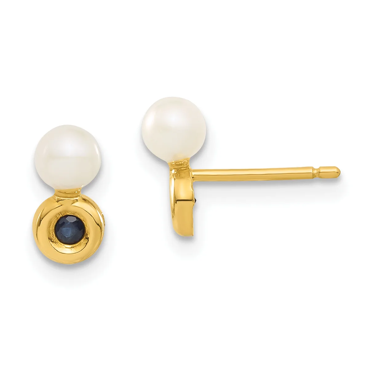 Pair of gold stud earrings featuring white pearls on top and small dark blue sapphires below, shown from front and side views.