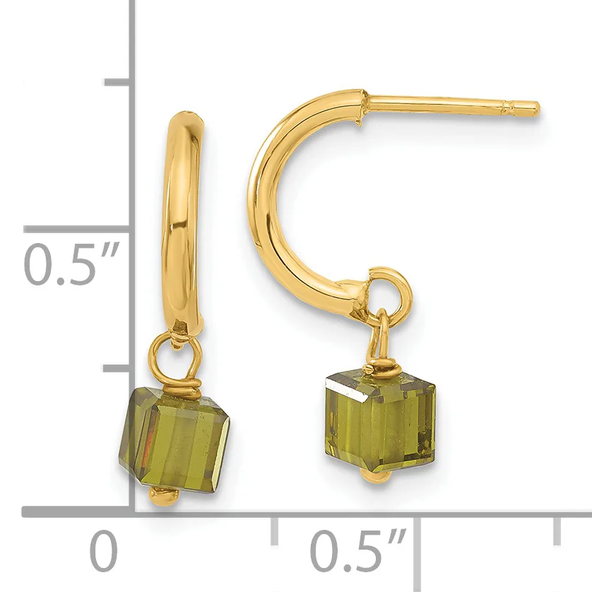 Gold-toned hoop earrings with small olive green cubic gemstone drops, shown with a measurement scale indicating approximately 0.5 inches in length.