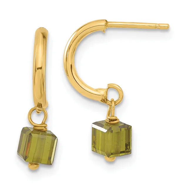 Pair of gold hoop earrings with square-cut olive-green gemstone drops attached by small loops.
