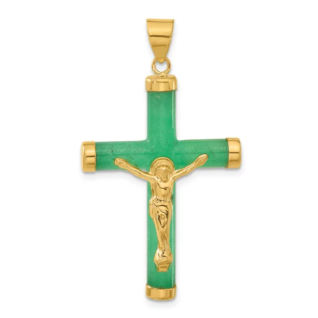 A gold crucifix pendant with a green jade or stone cross and gold-plated Jesus figure at the center, with gold caps at the four ends.