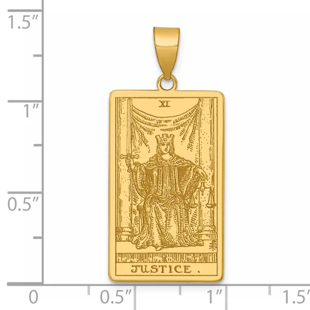 Gold rectangular tarot card pendant featuring the Justice card with a seated crowned figure holding a sword and scales, with Roman numeral XI at top and "JUSTICE" text at bottom, shown next to a ruler for scale.