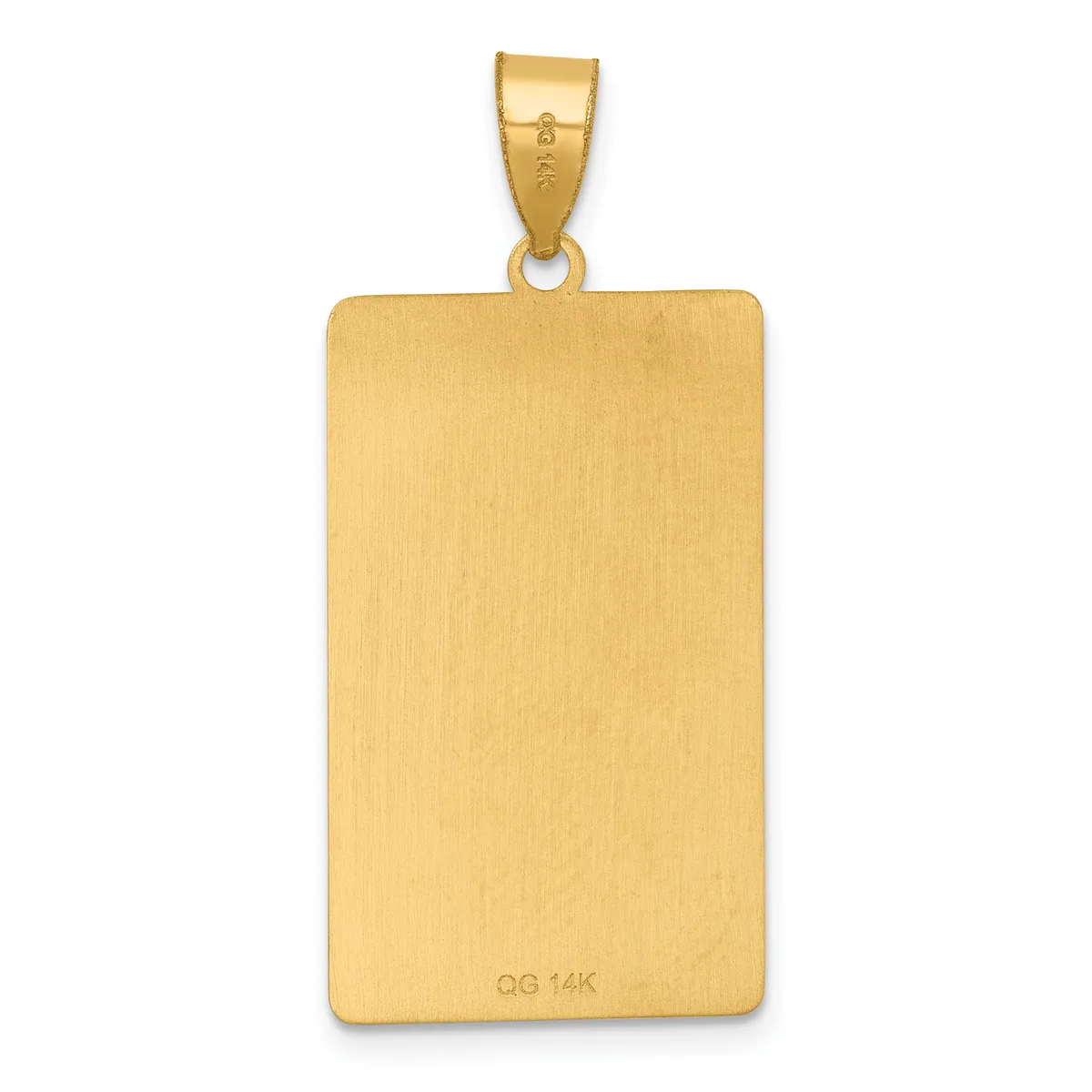 A rectangular gold pendant with a brushed finish and small bail loop at the top, displayed against a white background.