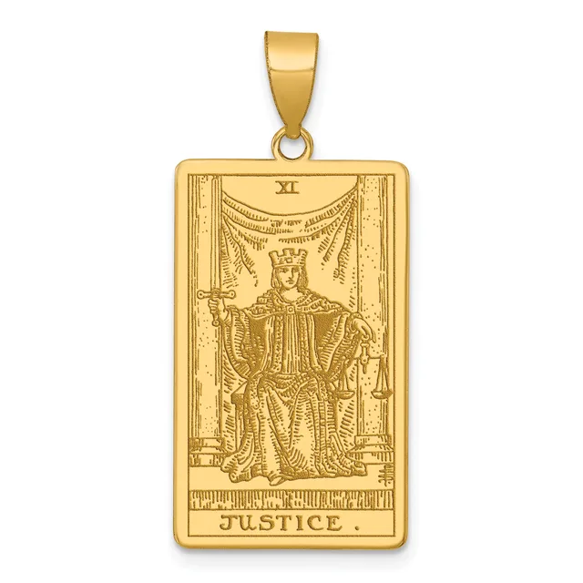 Gold rectangular pendant featuring a tarot card design of Justice, depicted as a crowned figure holding a sword and scales, with Roman numeral XI at top and text at bottom.