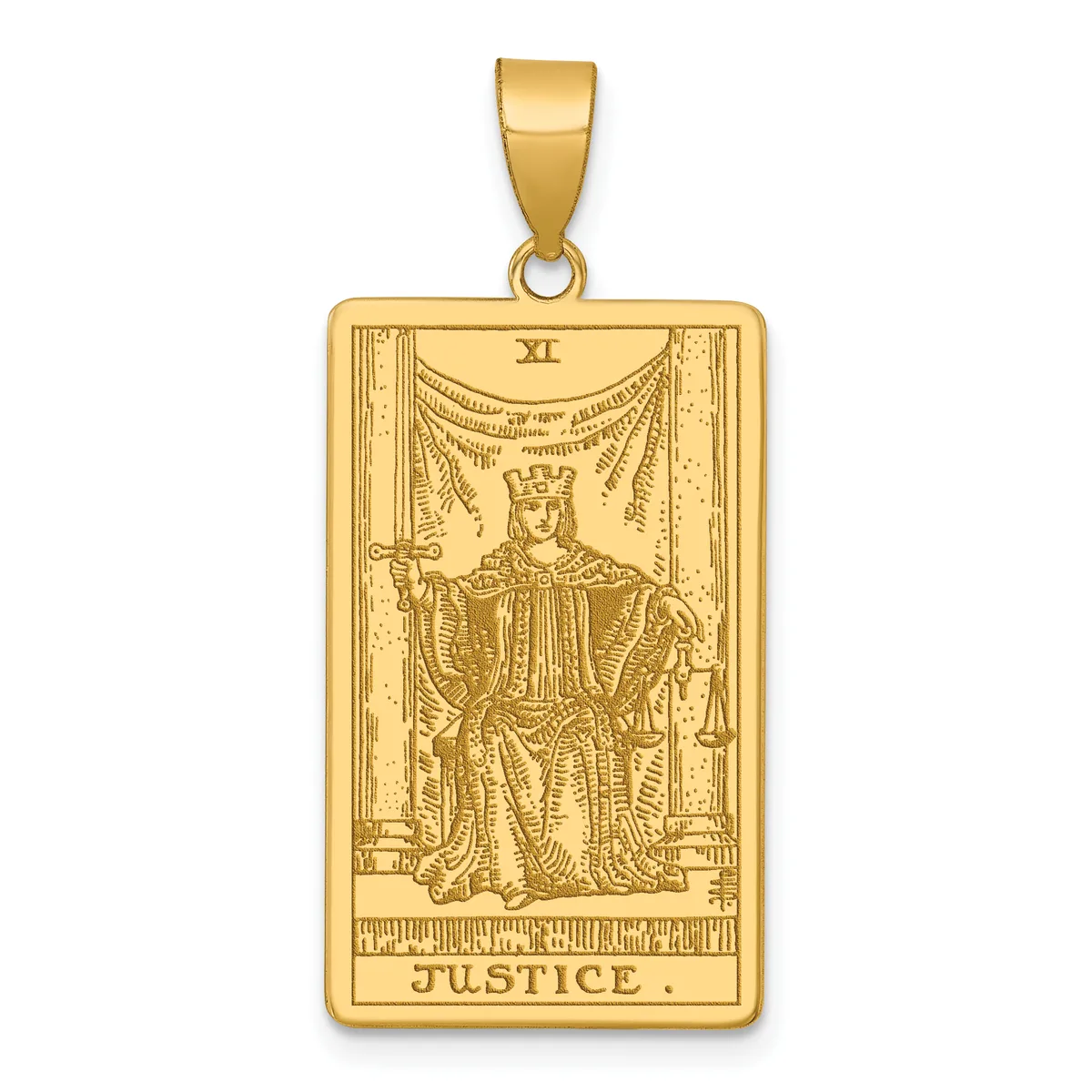 Gold rectangular pendant featuring a tarot card design of Justice, depicted as a crowned figure holding a sword and scales, with Roman numeral XI at top and text at bottom.