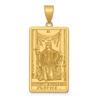 Gold rectangular pendant featuring a tarot card design of Justice, depicted as a crowned figure holding a sword and scales, with Roman numeral XI at top and text at bottom.