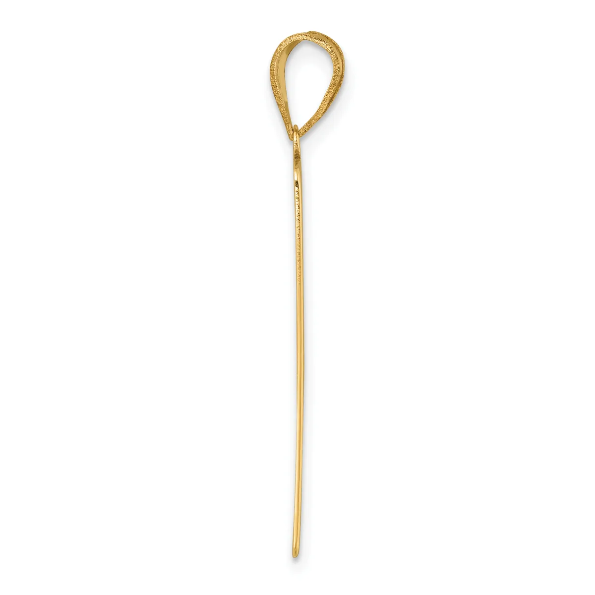 A long, thin gold-colored metal skewer or cocktail pick with a looped handle at the top, shown against a white background.