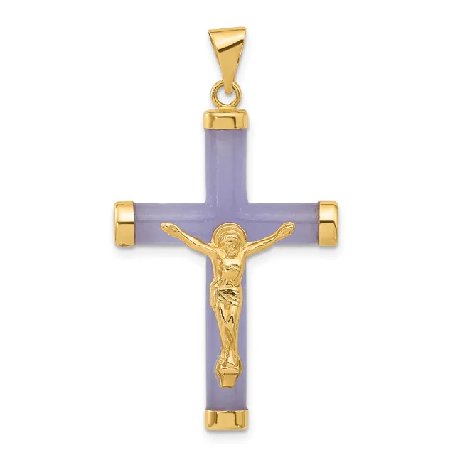A cross pendant with a lavender stone body and gold-tone metal crucifix figure, accents, and bail loop.