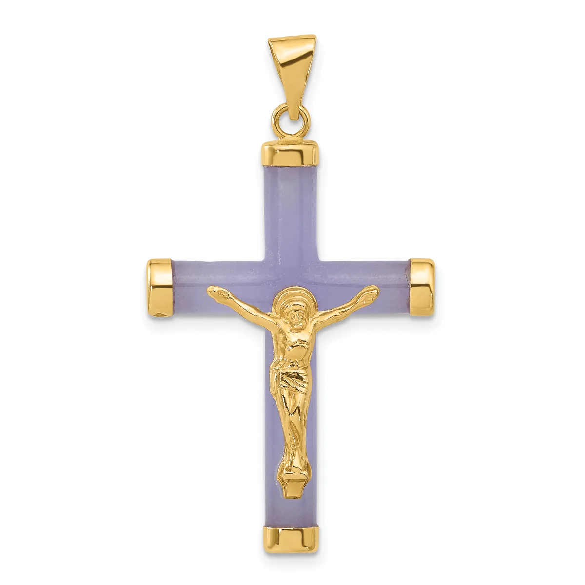 A cross pendant with a lavender stone body and gold-tone metal crucifix figure, accents, and bail loop.