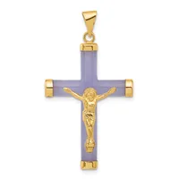 A cross pendant with a lavender stone body and gold-tone metal crucifix figure, accents, and bail loop.