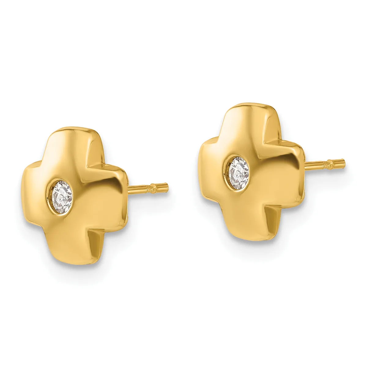 Pair of gold four-leaf clover-shaped stud earrings with round diamond centers and gold posts and backs.