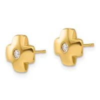 Pair of gold four-leaf clover-shaped stud earrings with round diamond centers and gold posts and backs.