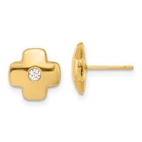 Gold four-leaf clover stud earrings with round white diamond centers, shown from front and side views.