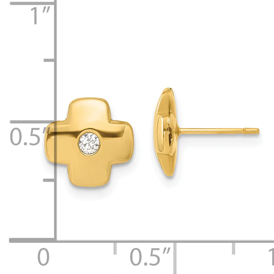 Two gold four-leaf clover stud earrings with center diamond accents, shown from front and side view against a measurement scale.
