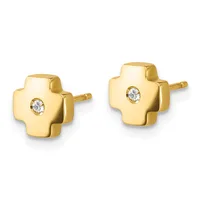 A pair of gold four-leaf clover stud earrings with small round diamonds in the center, shown from the front.