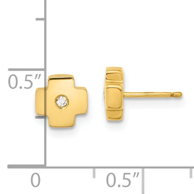 Gold cross-shaped stud earrings with a small diamond at the center, shown from front and side views with a measurement scale indicating approximately 0.5 inches in height.