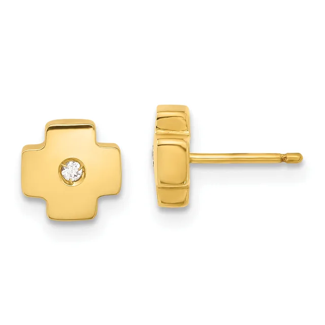 Pair of gold cross-shaped stud earrings with a small round diamond accent, shown from front and back views.
