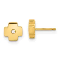 Pair of gold cross-shaped stud earrings with a small round diamond accent, shown from front and back views.