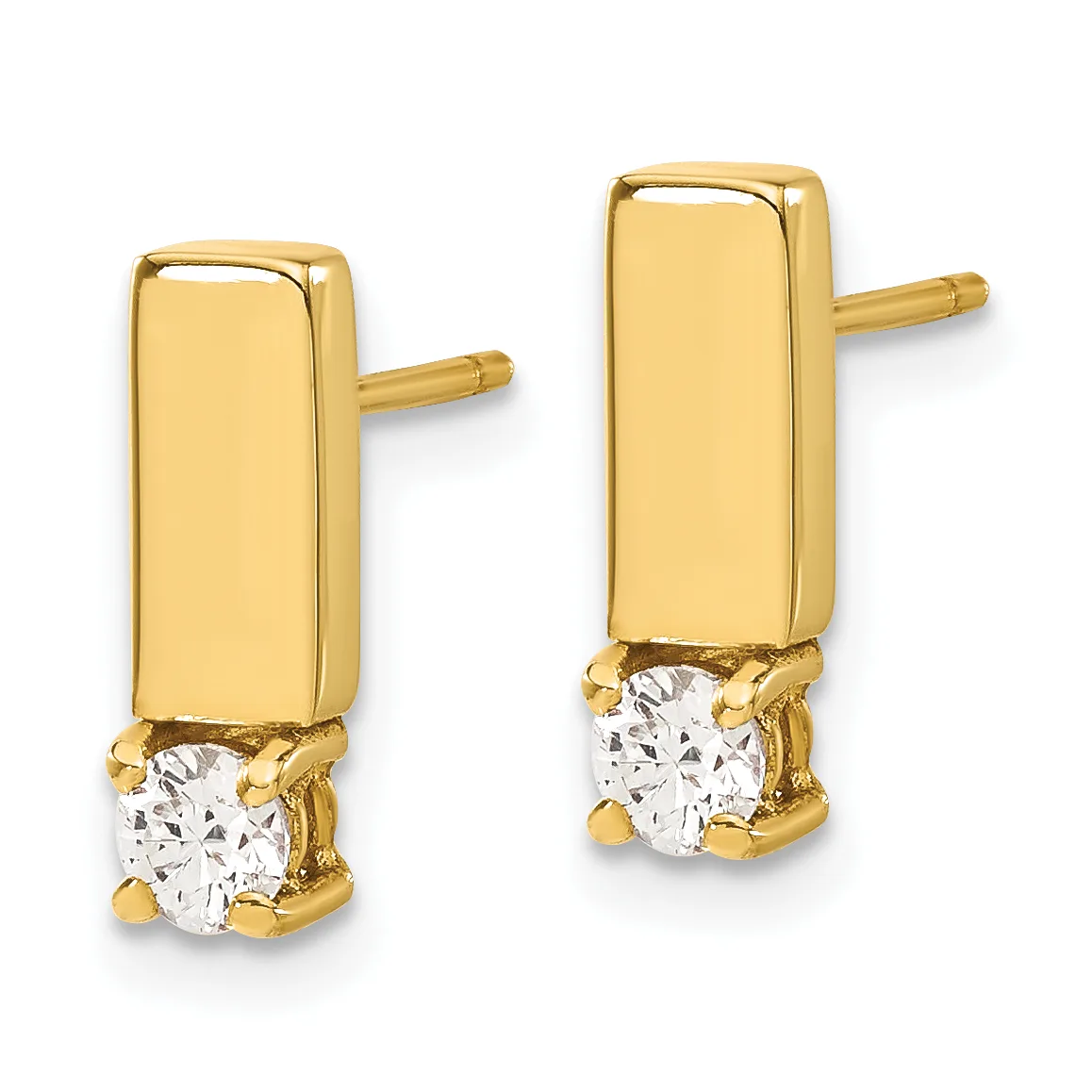 A pair of gold rectangular stud earrings with polished surfaces and round white cubic zirconia stones set at the bottom, shown from the front.