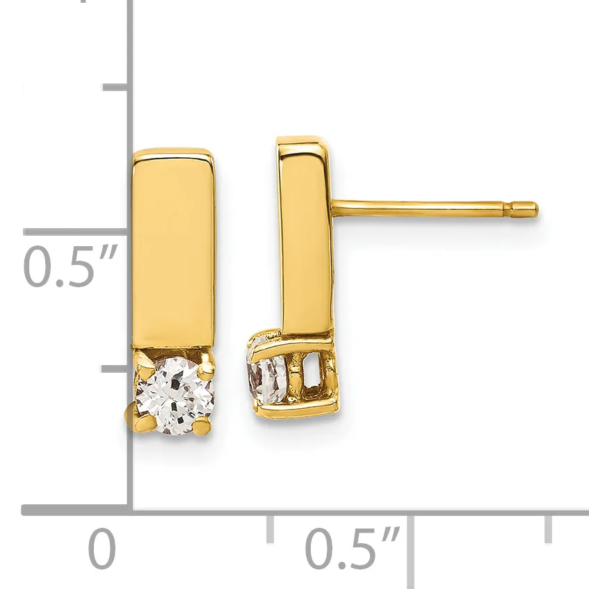 Pair of gold rectangular stud earrings with round diamond accents at the bottom, shown with a measurement scale indicating approximately 0.5 inches in height.