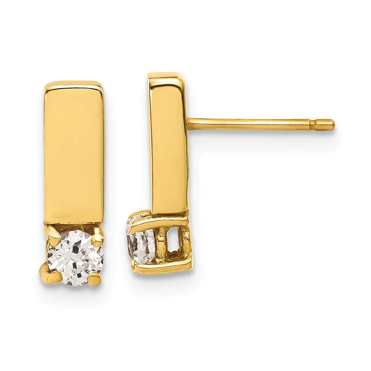 Pair of gold rectangular stud earrings with round white gemstones set at the bottom, shown from front and side view.