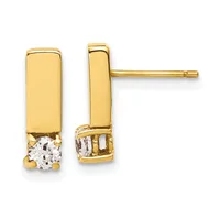 Pair of gold rectangular stud earrings with round white gemstones set at the bottom, shown from front and side view.